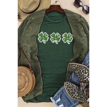 Green St Patrick Clover Patch Sequin Graphic T-shirt