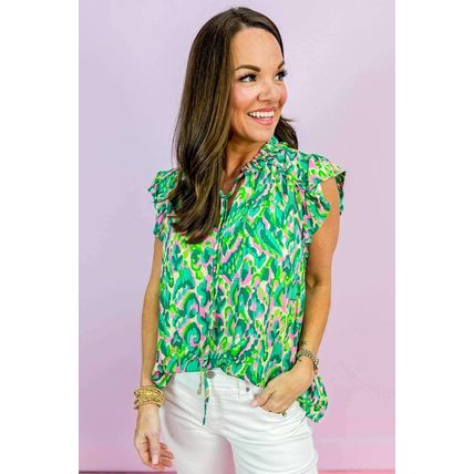 Green Abstract Print Ruffled Trim Tied Split Neck Tank Top