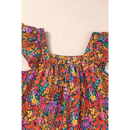 Multicolour Floral Print Cap Sleeve Square Neck Back Knot Blouse