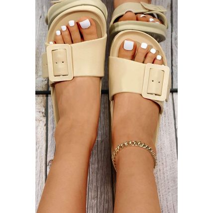 Parchment Buckle Decor Wide Band Thick Sole Slippers