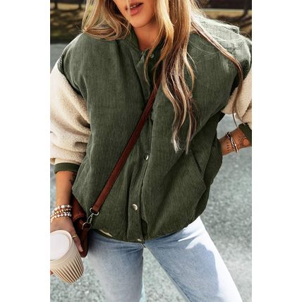 Mist Green Corduroy Fleece Patchwork Buttoned Bomber Jacket