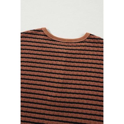 Brown Stripe Textured Frilly Trim Buttons Henley Long Sleeve Top