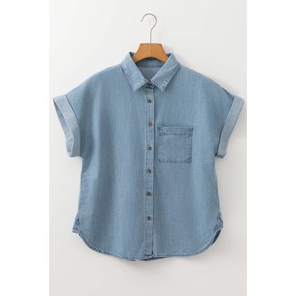 Dusk Blue Folded Short Sleeve Patched Pocket Denim Shirt