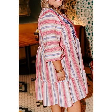 White Stripe Plus Size Embroidered Detail Flared 3/4 Sleeve V Neck Dress
