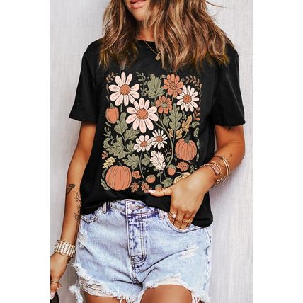 Black Wild Flower Pumpkin Print T Shirt