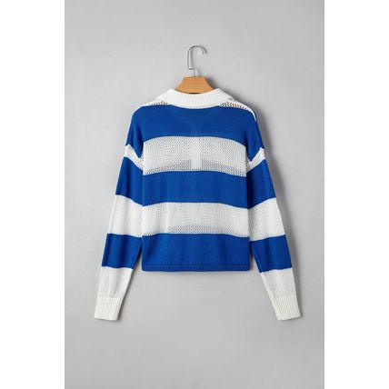 Blue Stripe Colorblock Polo Collar Eyelet Crochet Knitted Sweater
