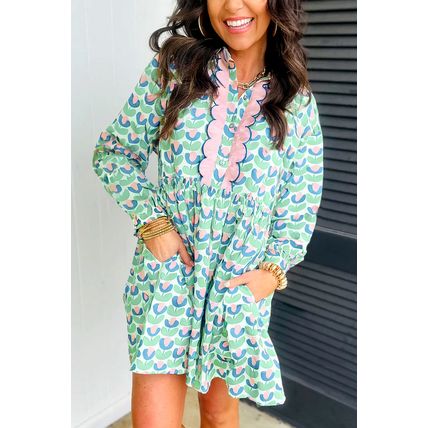 Green Floral Print Notched Neck Scalloped Detail Long Sleeve Mini Dress