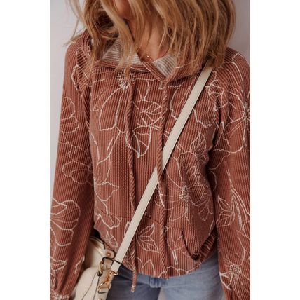 Brown Floral Twisted Rib Drawstring Kangaroo Pocket Hoodie