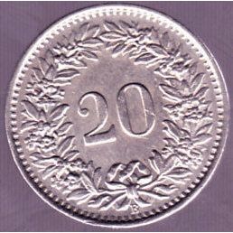 1960 B Switzerland 20 Rappen Coin