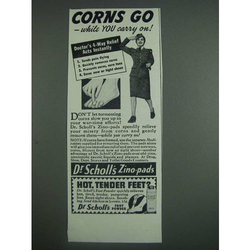 1943 Dr. Scholl's Zino-Pads Ad - Corns Go