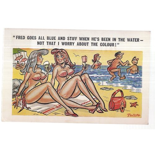 SAUCY SEASIDE POSTCARD 1976 postmark PEDRO no 150 girls on beach #
