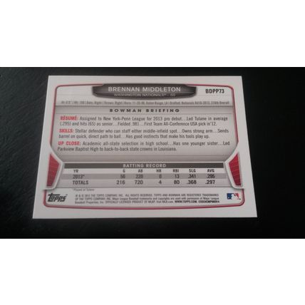 2013 Bowman Draft Picks & Prospects Draft Picks Card # BDPP073 Brennan Middleton