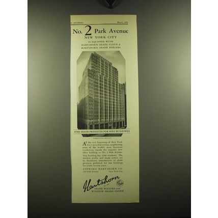 1929 Hartshorn Shade Cloth & Shade Rollers Ad - No. 2 Park Avenue New York City