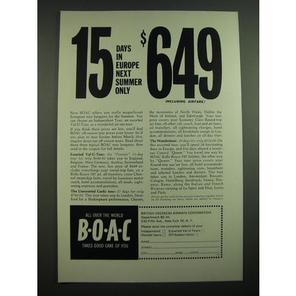 1962 BOAC British Overseas Airways Corporation Ad - 15 days in europe