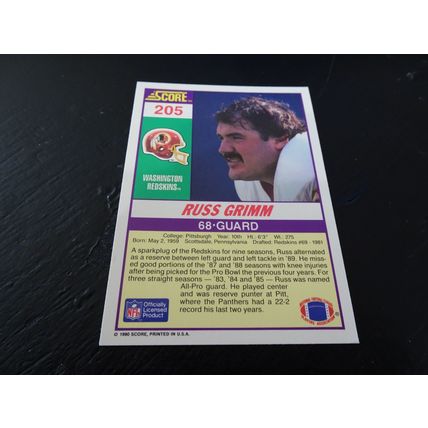 1990 Score Football Card # 205 Russ Grimm Excellent-Mint (6) Washington Redskins