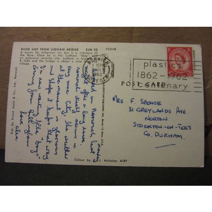 RIVER ANT from LUDHAM BRIDGE, NORFOLK BROADS. used postcard 1962 pm /