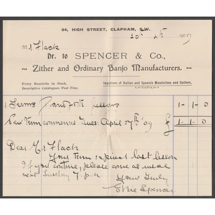 Two Bills & Receipt - Spencer & Co, Zither & Banjo Manufacturers, Clapham, 1909