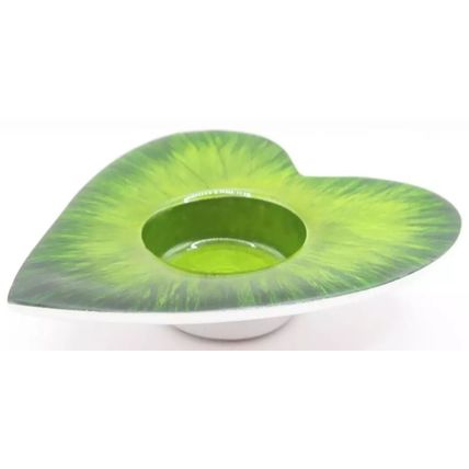 This practical and pretty green heart shaped enamel overlaid tin tealight/votive