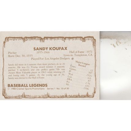 SANDY KOUFAX 1980 AUTOGRAPHED BROOKLYN DODGERS HALL OF FAME WORLD CHAMP PITCHER