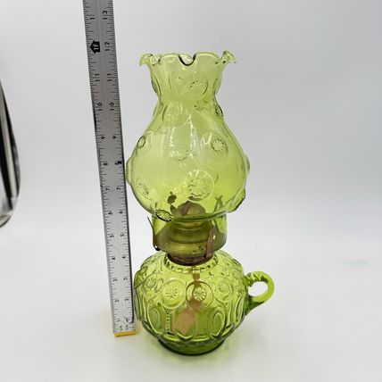 MCM LE Smith Moon & Stars Art Glass Olive Green Oil Lamp (Loose)12”