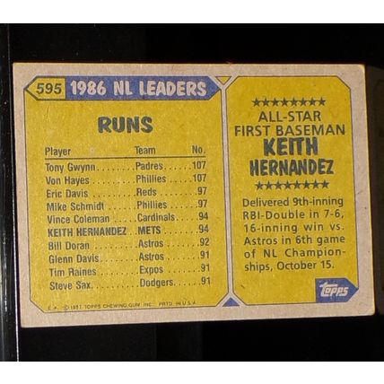TOPPS 1987 KEITH HERNANDEZ NATIONAL LEAGUE ALL-STAR BASEBALL CARD #595