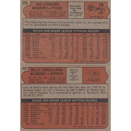 JIM LONBORG & BILLY CONIGLIARO AUTOGRAPH 1972 MILWAUKEE BREWERS ALL-STAR PLAYERS