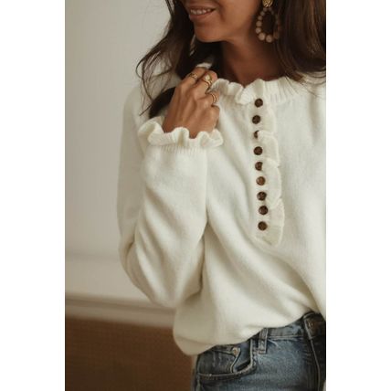 Beige Frill Trim Buttoned Knit Pullover Sweater