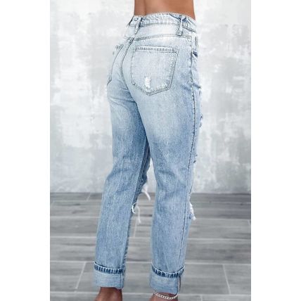 Sky Blue Light Wash Frayed Slim Fit High Waist Jeans