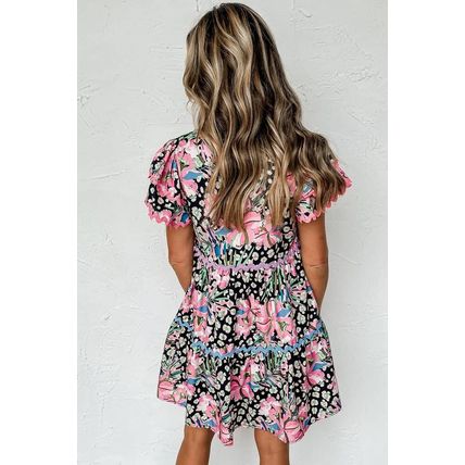 Pink Leopard Floral Print Wavy Embellished Mini Dress