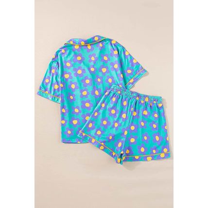 Green Flower Print Short Sleeve Shirt Pajamas Set
