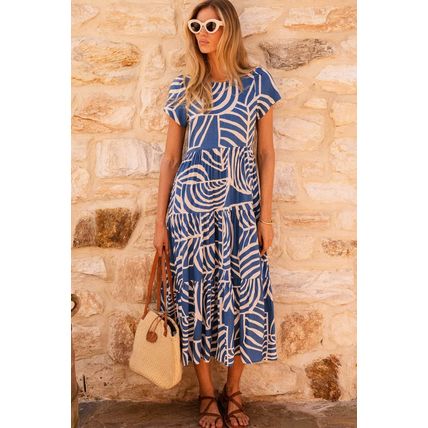 Sky Blue Boho Printed Short Sleeve Flare Tiered Dress