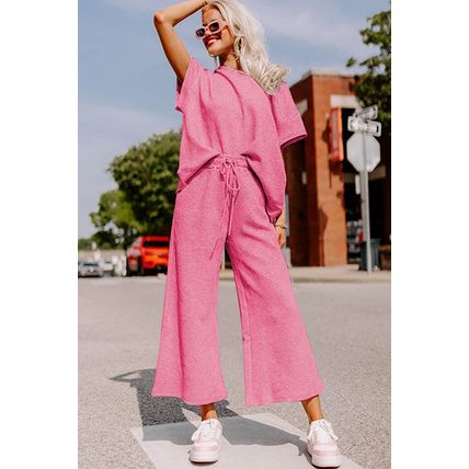 Strawberry Pink Textured Loose Fit T Shirt and Drawstring Pants Set