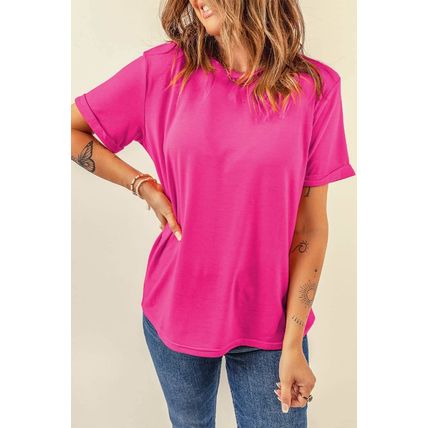 Rose Red Casual Plain Crew Neck Tee