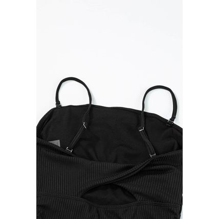 Black Ribbed Drawstring Sides Cutout One Piece Swimsuit