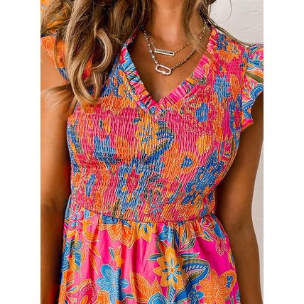 Rose Red Floral Print Smocked Ruffle Trim Flutter Sleeve Blouse