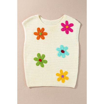 White Flower Crochet Round Neck Knitted Top