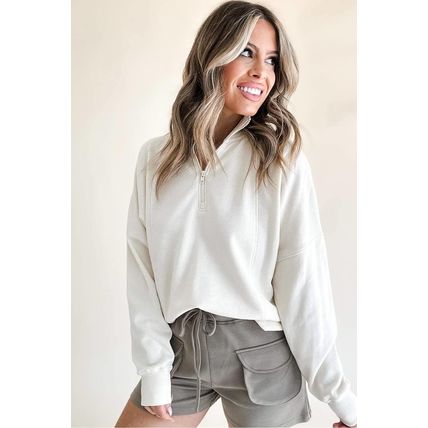 White Zipped Neck Pullover Drop Shoulder Sweatshirt