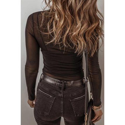 Black Mesh Long Sleeve Slim Fit Bodysuit