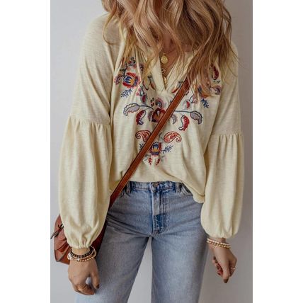 Apricot Paisley Floral Embroidered Notch V Neck Blouse