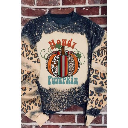 Black Leopard Pumpkin Bleached Halloween Graphic Sweatshirt