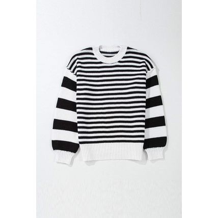 Black white Striped Drop Shoulder Bishop Sleeve Knit Sweater