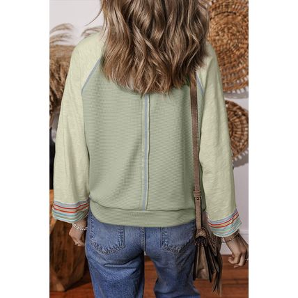 Meadow Mist Green Waffle Knit Wide Bracelet Sleeve Patchwork Raglan Top