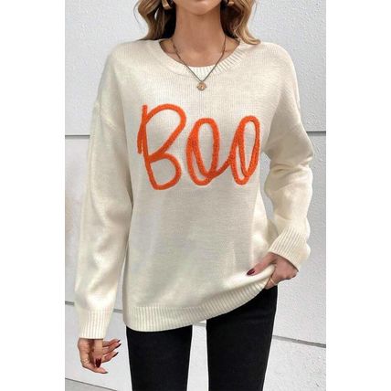 Apricot Boo Knitted Pattern Ribbed Edge Drop Shoulder Sweater