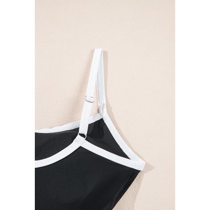 Black Contrast Trim Two Tone Belted One Piece Swimsuit