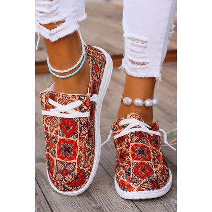 Fiery Red Western Printed Lacing Flat Slip On Shoes