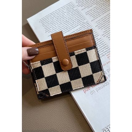 Coffee Leather Checkered Canvas Patchwork Card Storage Wallet
