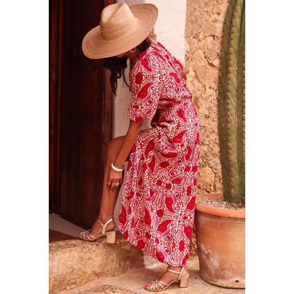 Red Paisley Print Side Slit Puff Sleeve High Waist Maxi Dress