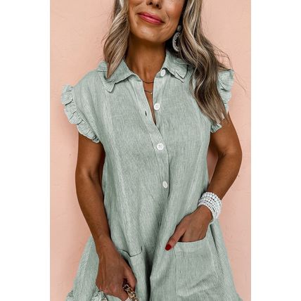 Green Stripe Frilled Sleeveless Collar Front Pocket Button Up Mini Dress