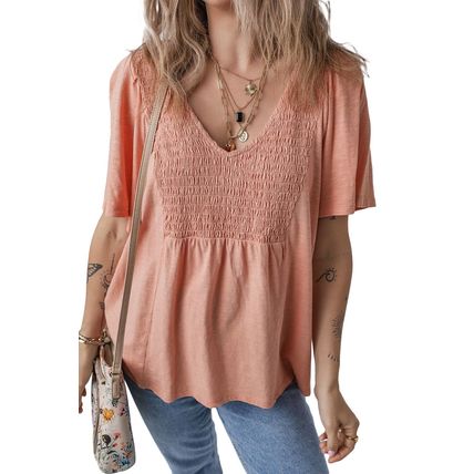 Fushia Smocked Front V Neck Pleated Babydoll Short Sleeve Top