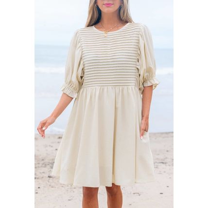 White Textured Ruffled Puff Sleeve Loose Dress